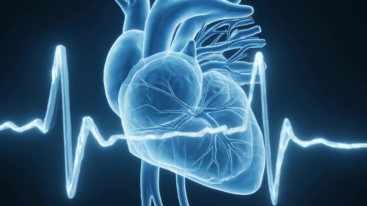 Pulsing translucent blue 3D heart contracting in studio as ECG waveform peaks, showing vessels