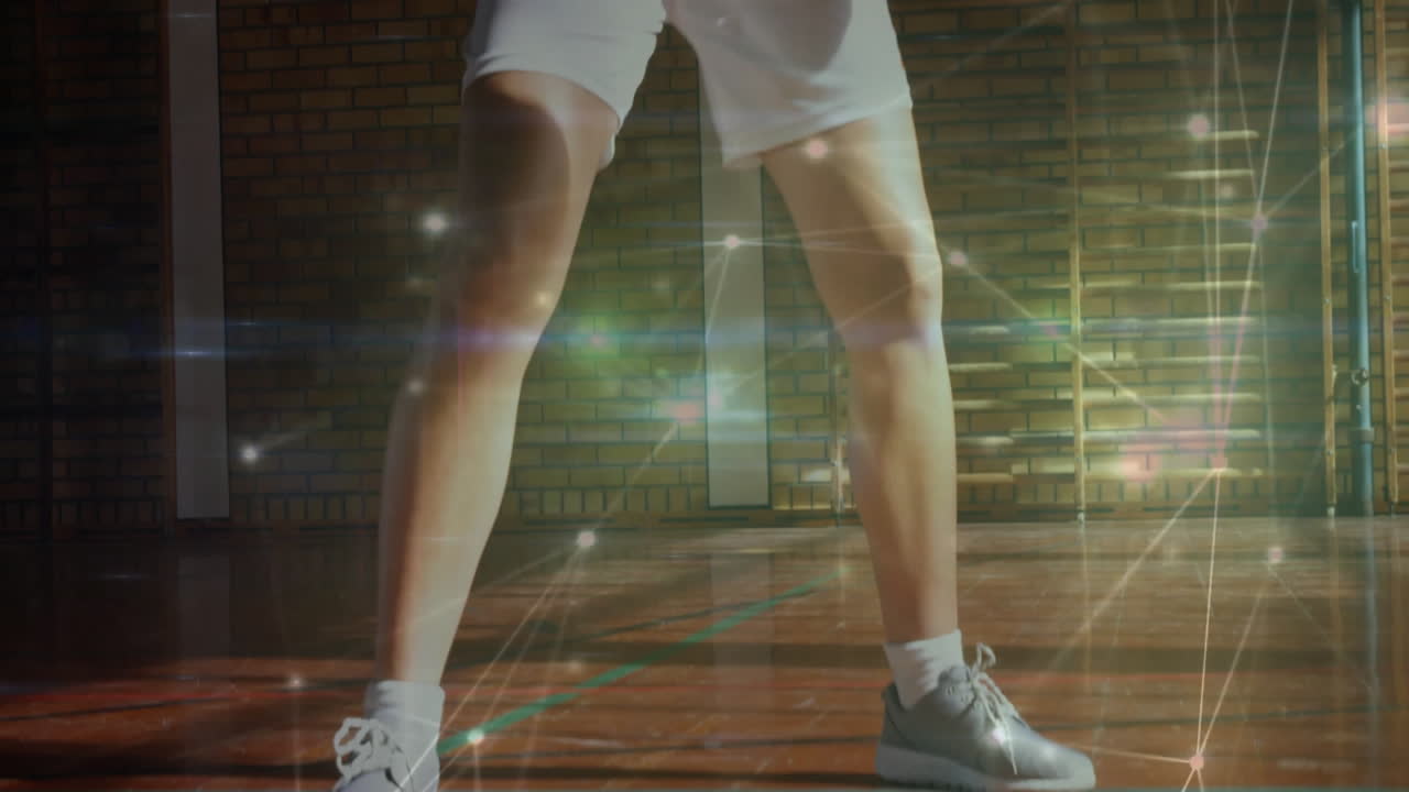 Dribbling basketball player with animated network connections and data overlay