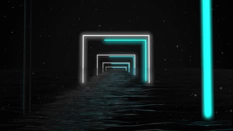 un marco de neón brillante brilla con un espectro de neón de luz en el agua. fondo ahumado. bucle sin costuras 3d render marco cuadrado. rosa azul blanco