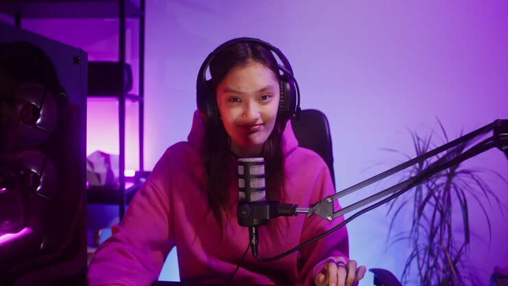 Ragazza gamer che trasmette in streaming con microfono e cuffie