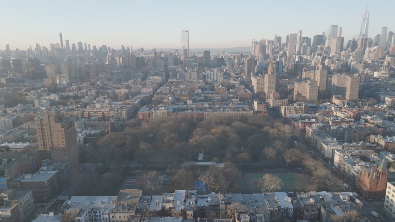 Aerial view of Tompkins Square Park . Shot at sunrise in Lower Manhattan