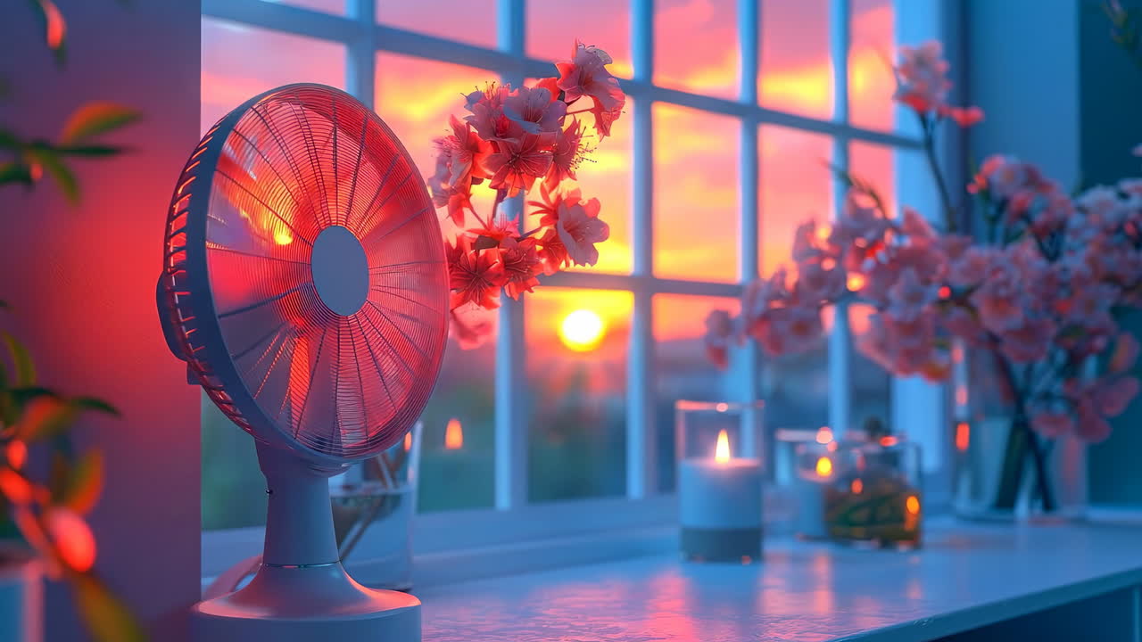 Evening glow, fan, flowers. A fan sits on a windowsill beside candles and flowers as the sunset fills the room with warm colors and light