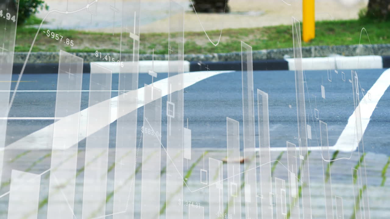 도시 거리에서 차량 위에 있는 바 그래프와 선 그래프 애니메이션