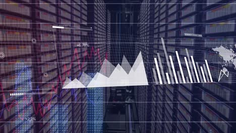 animation of multiple graphs moving over data server racks