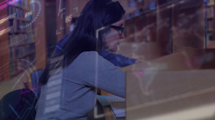 Academic researchers studying at library desks with data charts fading in and animating graphs