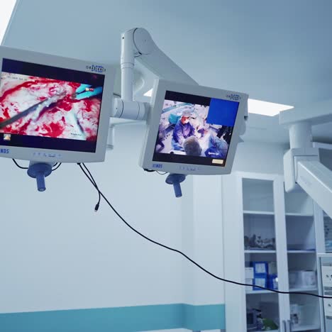 medical monitors in the operating theater. patient's organs on the screen during the neurosurgery. modern medical equipment in clinic.