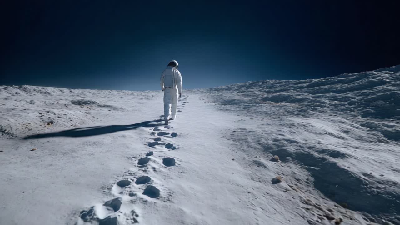 Die Reise eines Astronauten durch die Mondlandschaft: Erkundung himmlischen Terrains mit Mondlauf-Fußabdrücken in einer atemberaubend hellen und dunklen Umgebung.