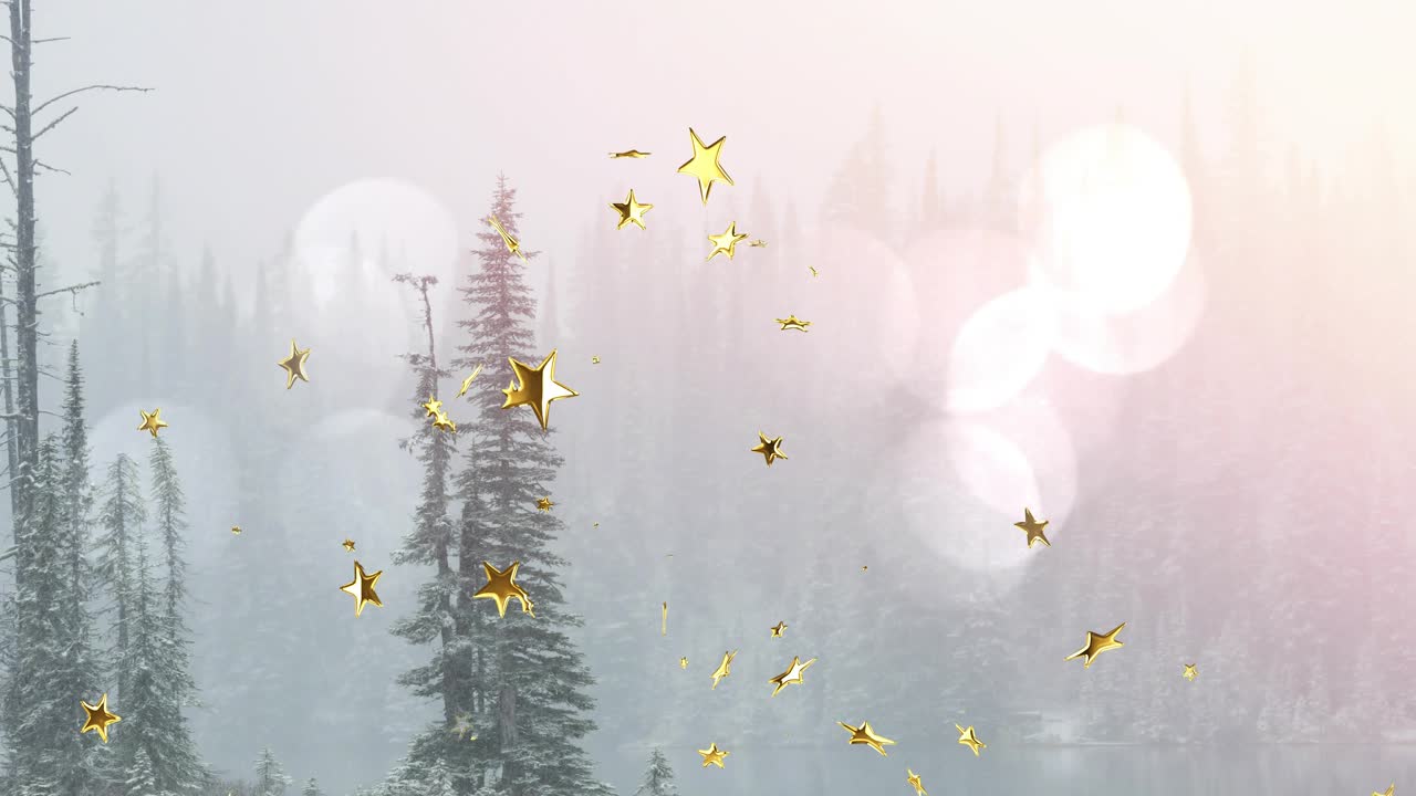 At dawn golden star confetti drifting down, swirling up through frosty forest bokeh, evoking calm
