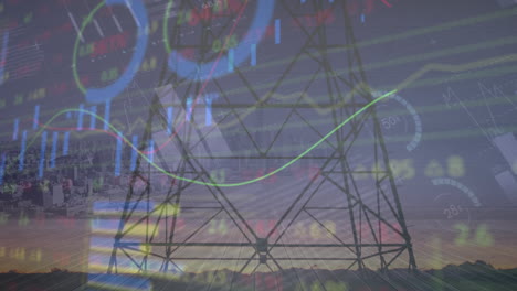 animación del procesamiento de datos estadísticos y bursátiles a través de la torre de red contra el paisaje urbano