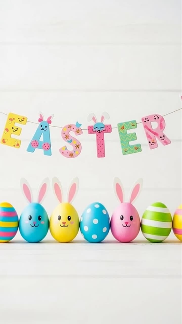 Colorful easter eggs with bunny ears and holiday garland