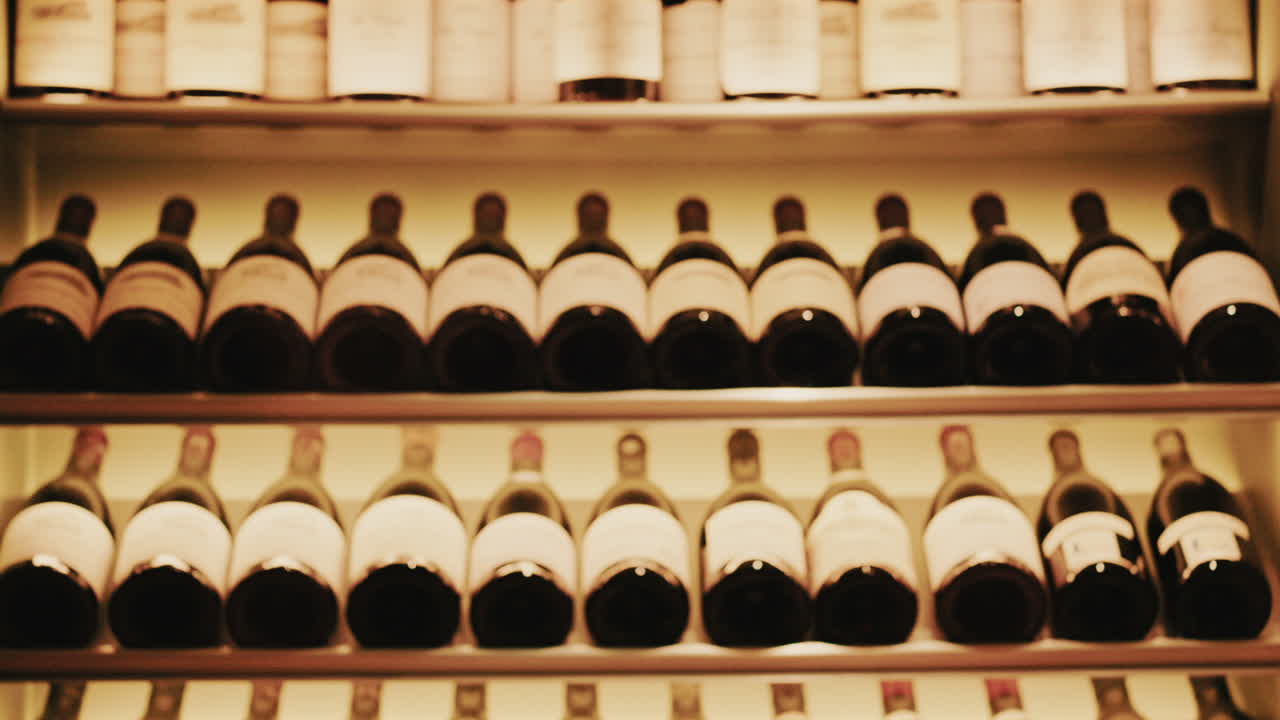 Rows of wine bottles neatly arranged on softly lit shelves in a wine cellar or restaurant interior