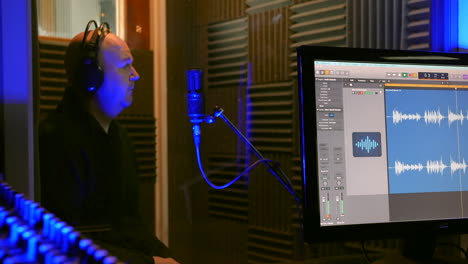 a man is recording a podcast voice over in a recording studio vocal booth talking into a microphone