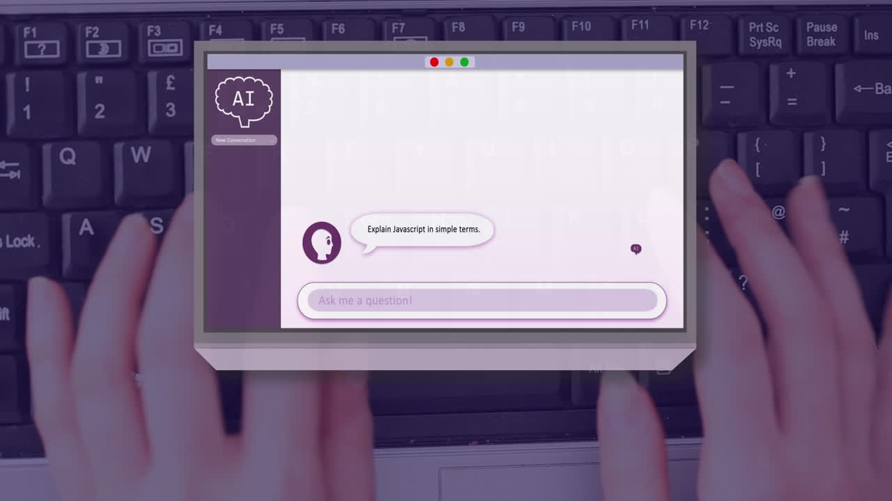 여성 타이핑을 통해 텍스트, 아이콘 및 데이터 처리의 애니메이션