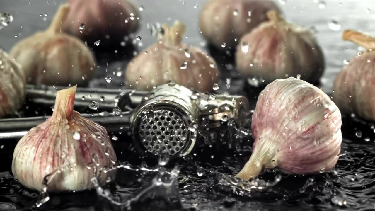 Teste d'aglio fresche e spremiaglio con spruzzi d'acqua al rallentatore