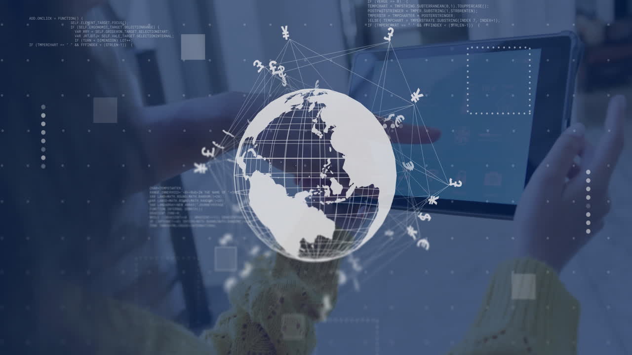animación del globo y procesamiento de datos sobre diversas personas que utilizan tableta