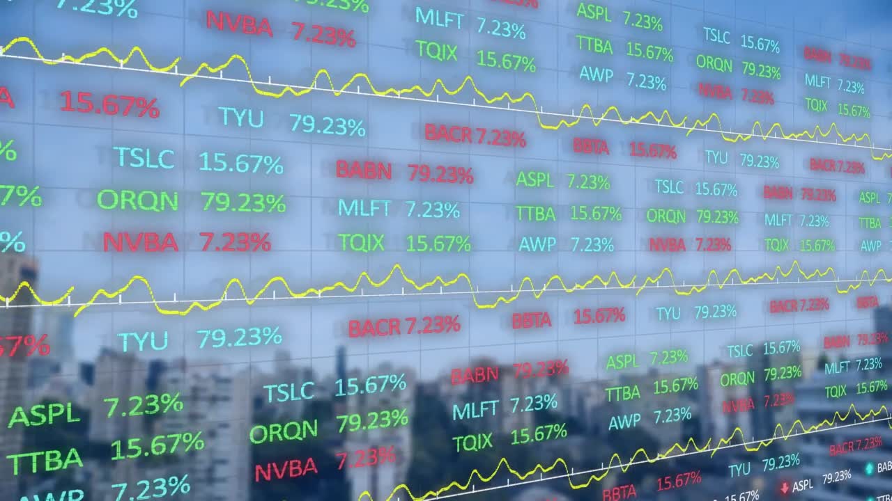 도시 풍경 위의 금융 데이터 처리 애니메이션