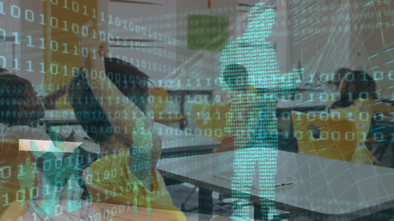 animación de codificación binaria y modelo de hombre de negocios contra un niño asiático levantando la mano en la escuela