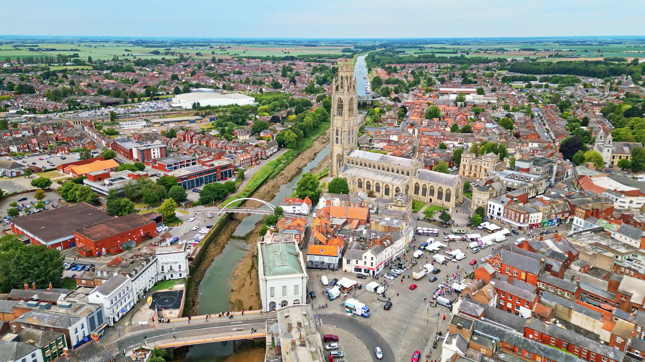 scenic beauty of Boston, Lincolnshire, in mesmerizing aerial drone footage: Port, ships, Saint Botolph Church , Saint Botolph's Bridge