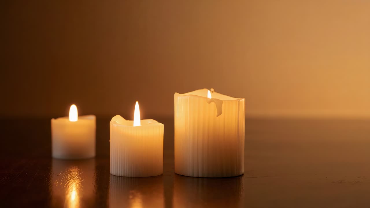 Tre candele a colonna accese che creano piccole oscillazioni e una lenta fusione su un tavolo lucido, con gocce di cera