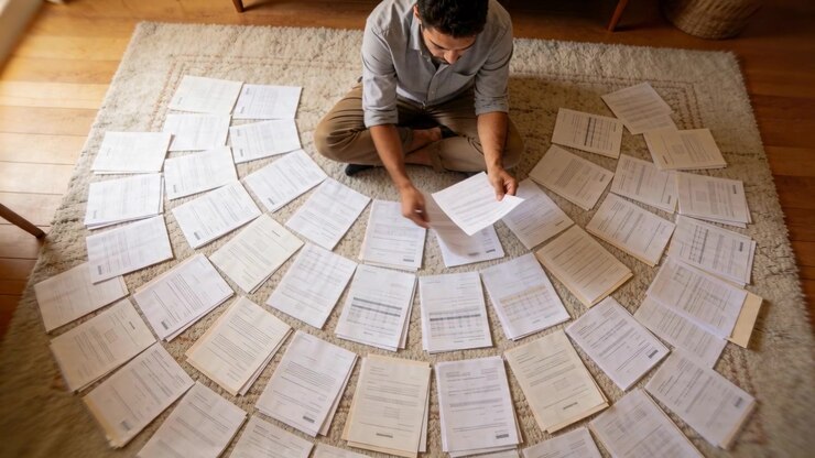Holding sheet, man in light shirt and khakis arranging papers in concentric arcs on rug, sorting