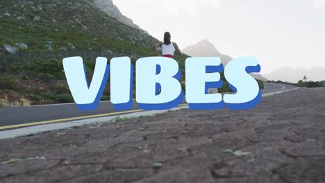 Animation-of-the-word-vibes-written-in-blue-over-woman-exercising,-running-on-mountain-road