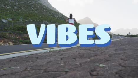 animation of the word vibes written in blue over woman exercising, running on mountain road