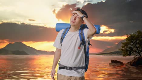 excursionista masculino asiático con mountaineering mochila mano frente sonriendo y mirando la distancia en un lago