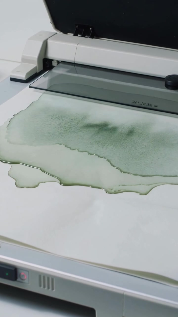 Vertical video: Seeping green liquid beneath lid spreading across scanner glass, tinting paper