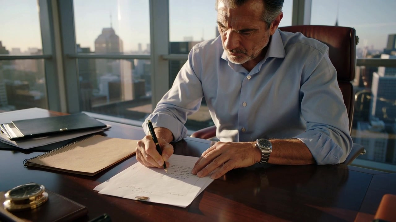 Placing clipped sheet, businessman in blue shirt signing document with pen at corner office windows