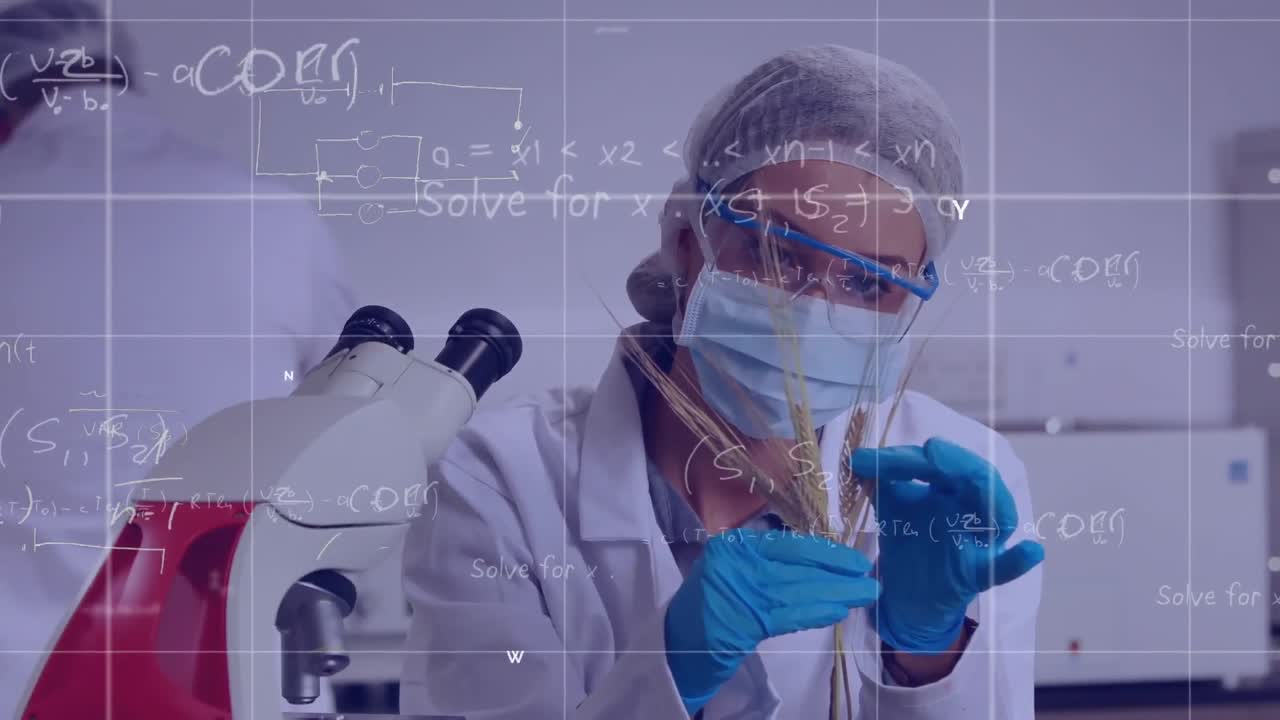 animación de ecuaciones matemáticas sobre una doctora caucásica con grano