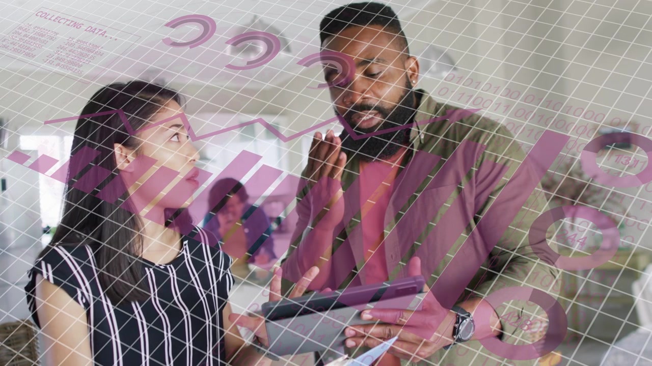 Man bringing tablet, woman pointing pages while magenta chart overlay growing, aligning in business