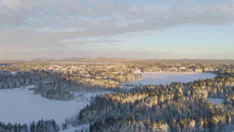 aerial view flying across peaceful winter scandinavian woodland sunlit and shaded wintry landscape