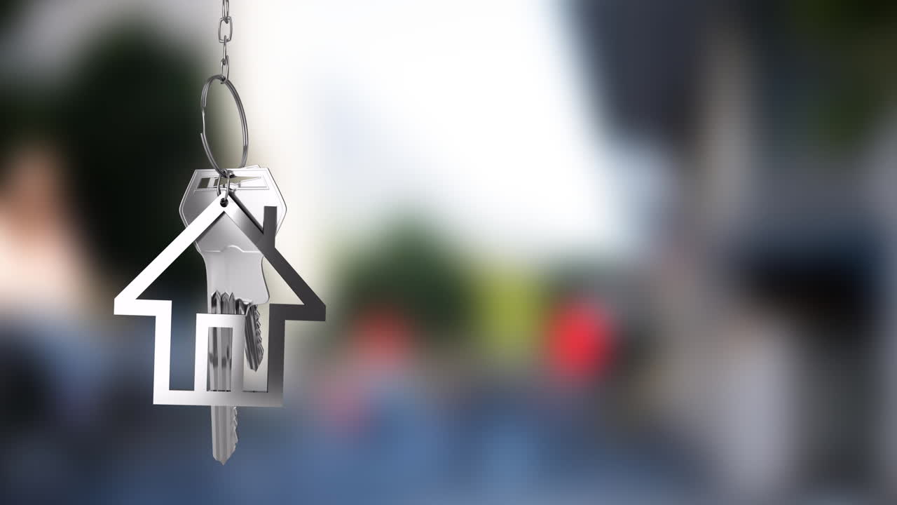 Animazione di portachiavi a forma di casa con chiavi su sfondo urbano sfocato