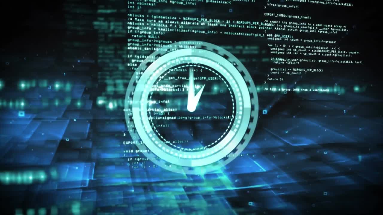 Animation of circular scanner with clock and layers of processing data on dark background