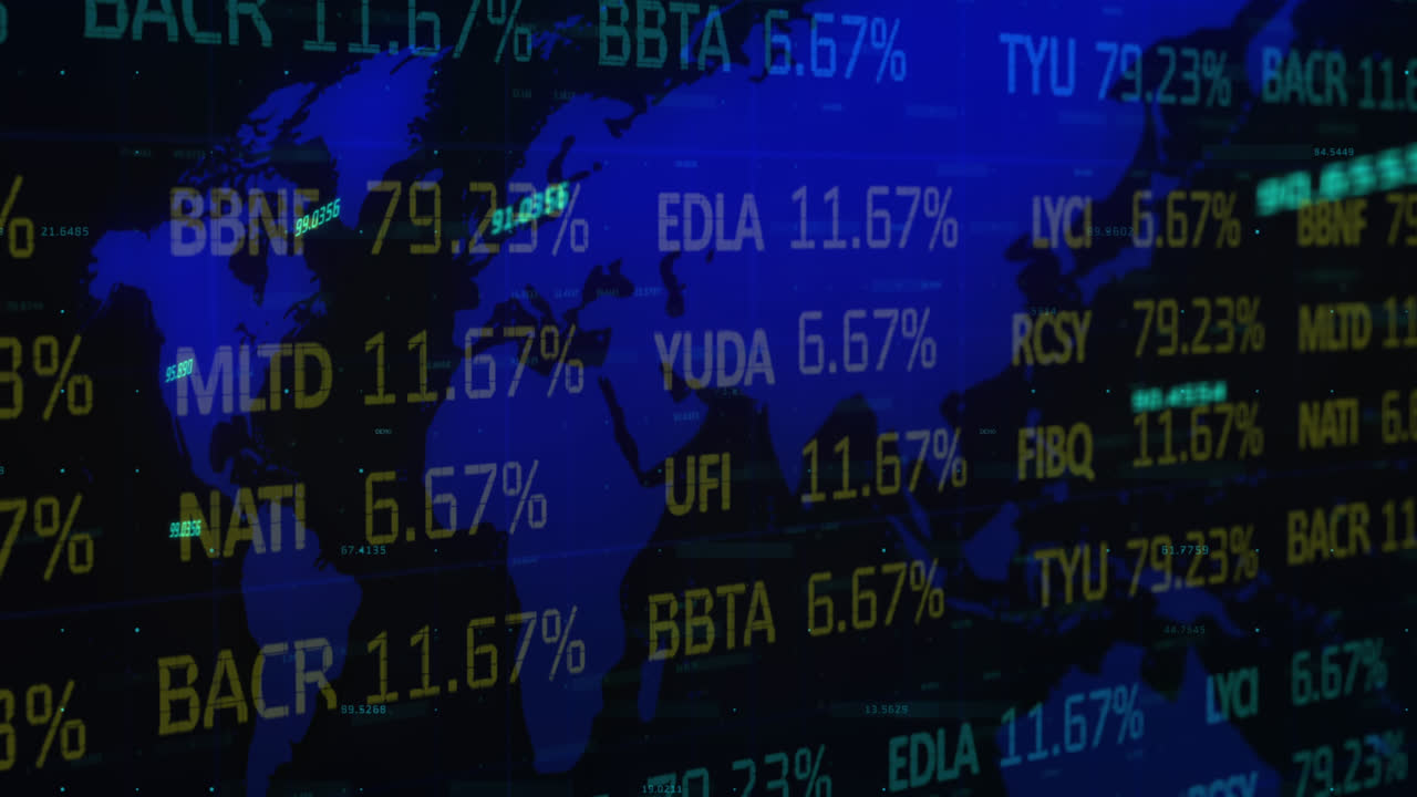Animation of financial data processing over black background