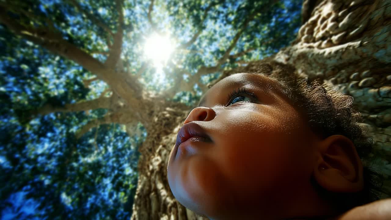 Wonder and Curiosity: A Child Gazes in Awe Under the Shade of a Majestic Tree, Capturing the Essence of Childhood Innocence and Nature's Beauty in a Serene Moment