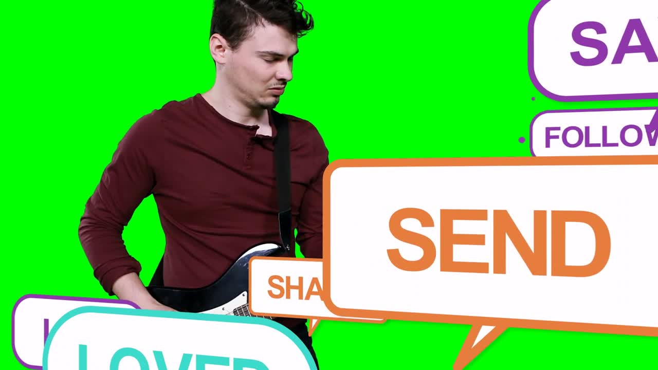 Guitarrista tocando guitarra elétrica enquanto bolhas entrando pela direita, por baixo, cobrindo as mãos, gerando curtidas.