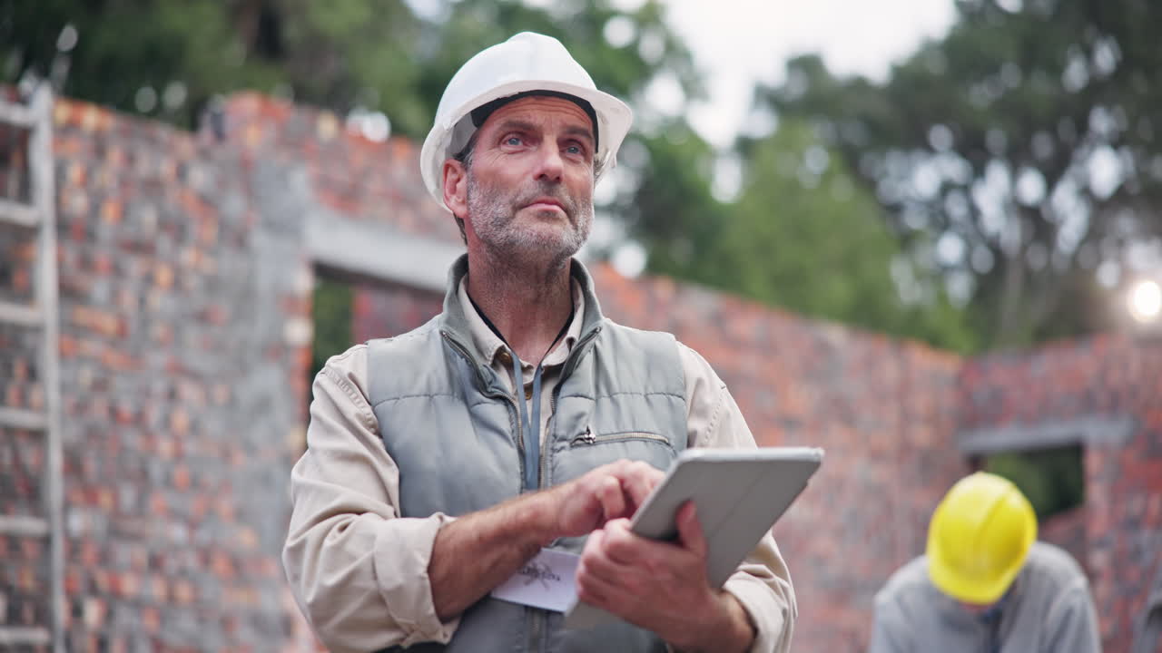 trabajador de la construcción usando una tableta en el sitio de construcción