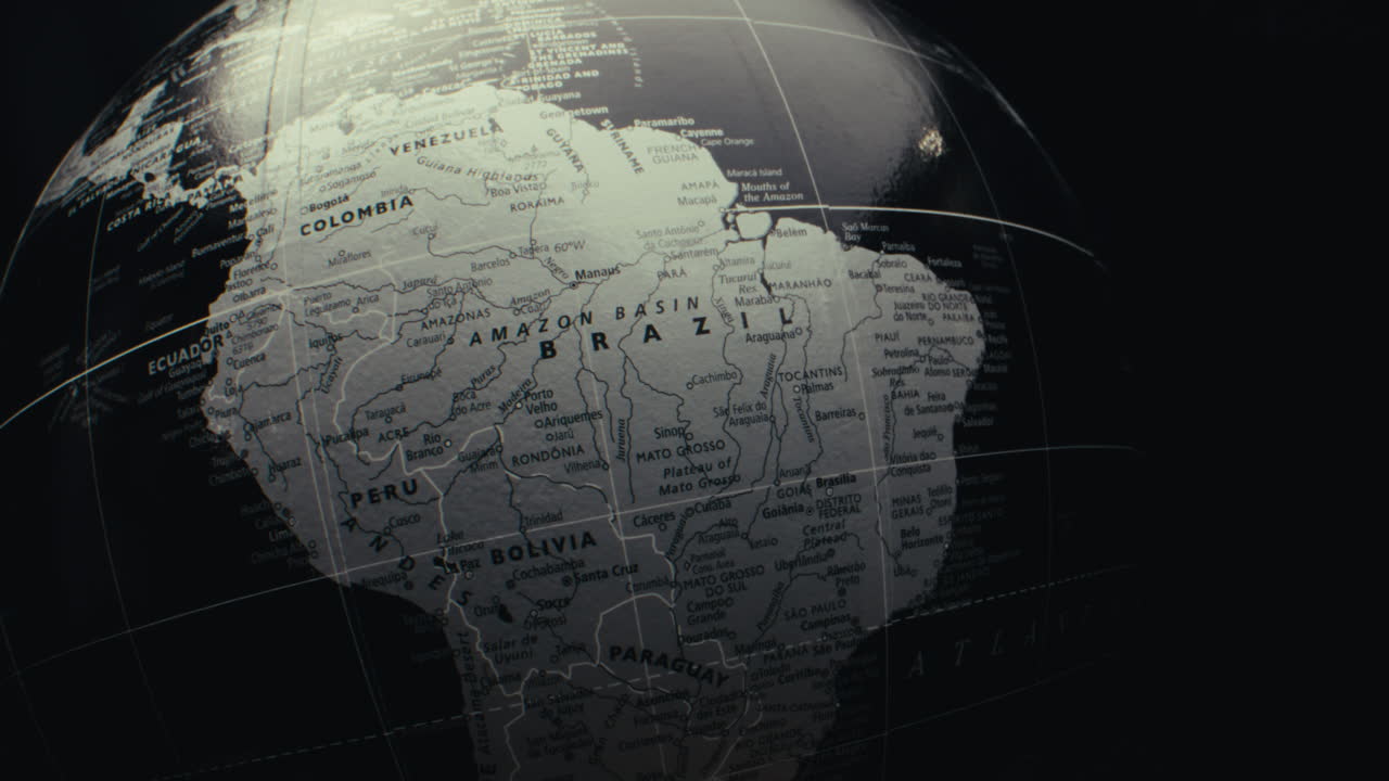 Close-up of a world globe, focused on South America