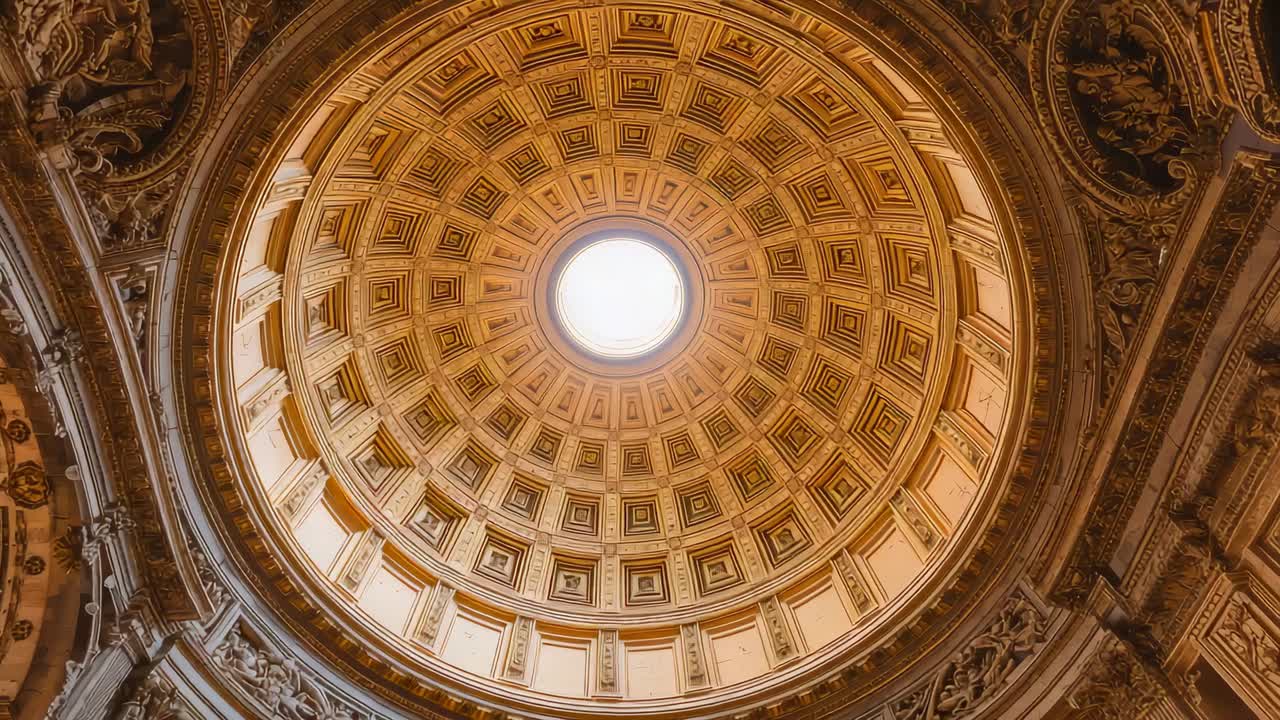 Tilting camera revealing baroque dome interior, highlighting coffered panels around central oculus