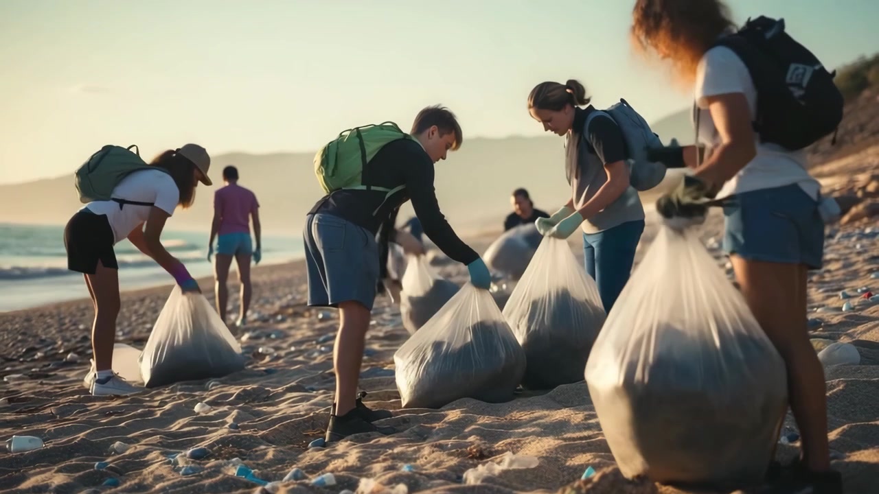 Group of Volunteers Cleaning Plastic Waste on Beach at Sunset