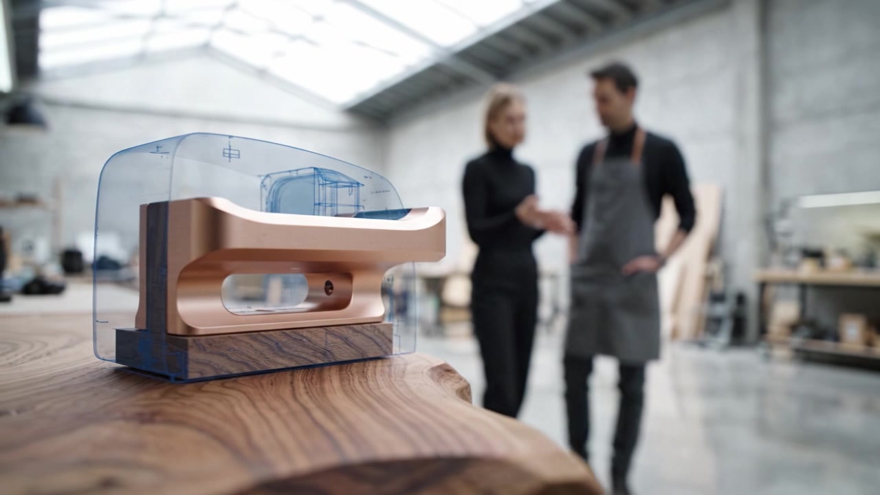 Et moderne designsamarbejde: To håndværkere diskuterer et unikt håndværksprojekt med en elegant kobber- og blå prototype i et moderne værkstedsmiljø