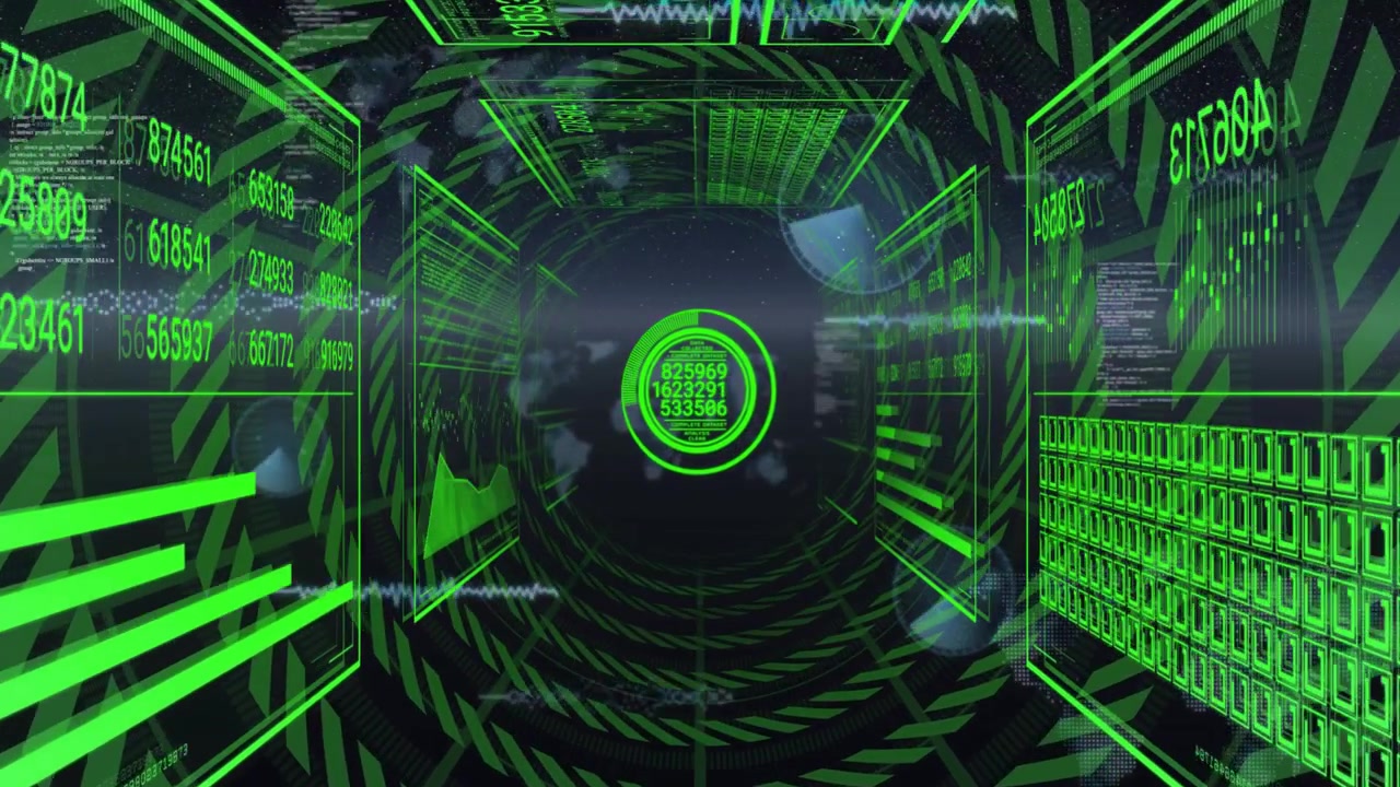 Forward camera motion starting central HUD pulsing, panels sliding and filling, showing data stream