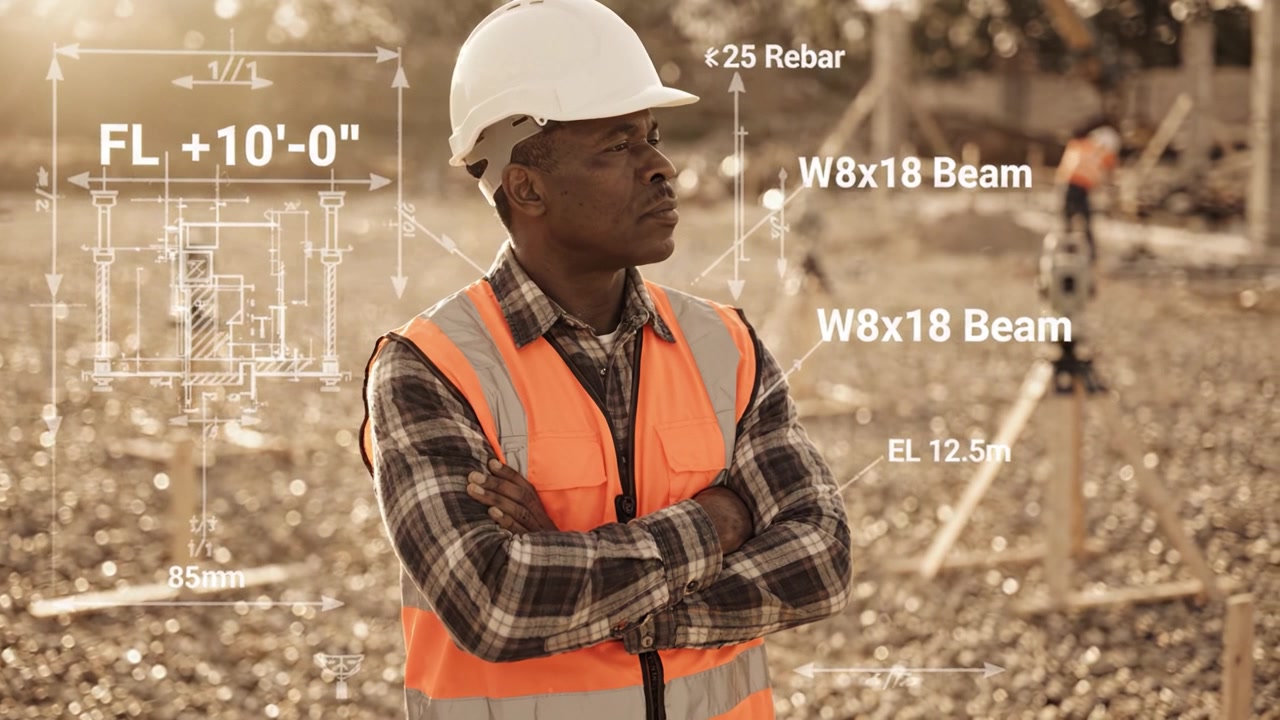Construction Worker Examining Site Plan with Precise Measurements During Project Phase, Reviewing Plans and Specifications in Outdoor Construction Environment