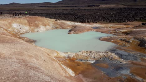 panning shot of sulfur hot lake with turquoise water in the geothermal valley leirhnjukur, myvatn region, north part of iceland, europe