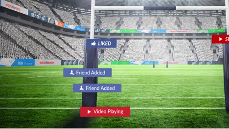 animation of social media icons floating against rugby sports stadium