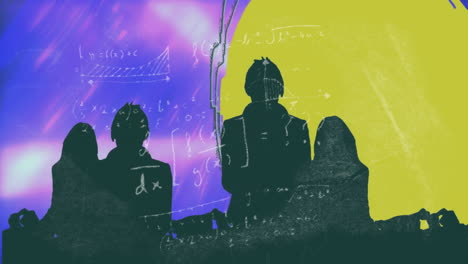 animation of silhouetted figures with mathematical equations over colorful background