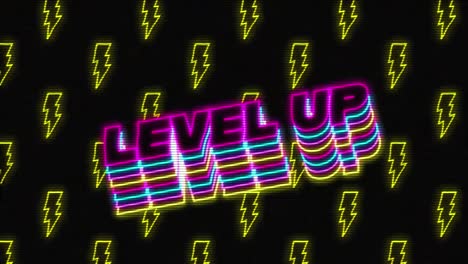 animación pantalla de videojuego vintage con palabras nivel arriba escrito