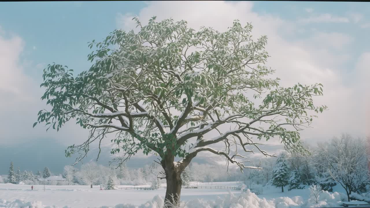 Fresh snowfall starting dusting deciduous tree with green leaves in snowy field with wooden fence