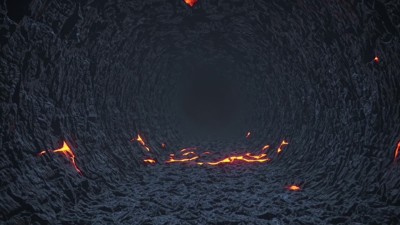 Fiery lava flows illuminate dark tunnel, showcasing dynamic movement and glowing textures in a captivating underground scene of molten rock